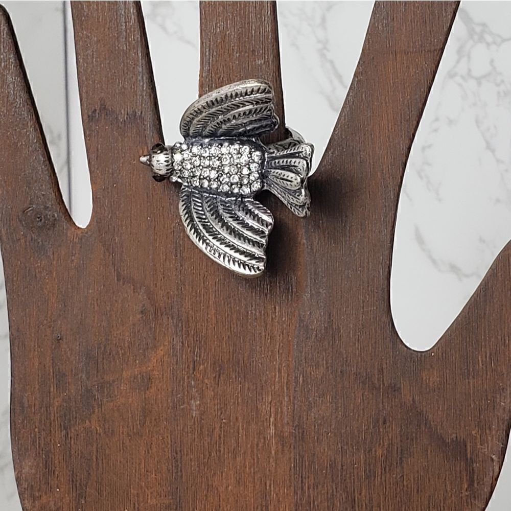 RHINESTONE EMBELLISHED Pewter Bird Stretch Ring